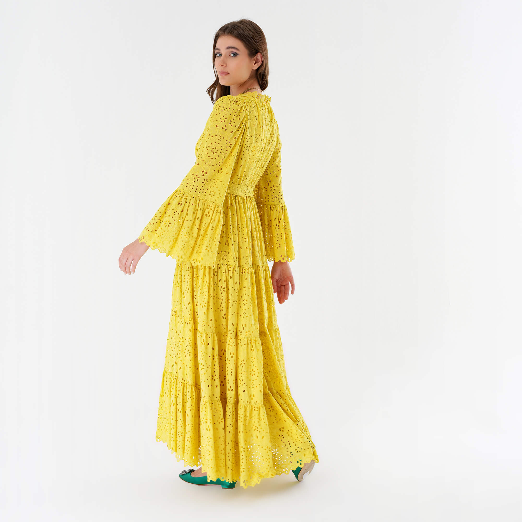 Elie Saab - Yellow Cotton Blend Embroidered Long Dress IT40